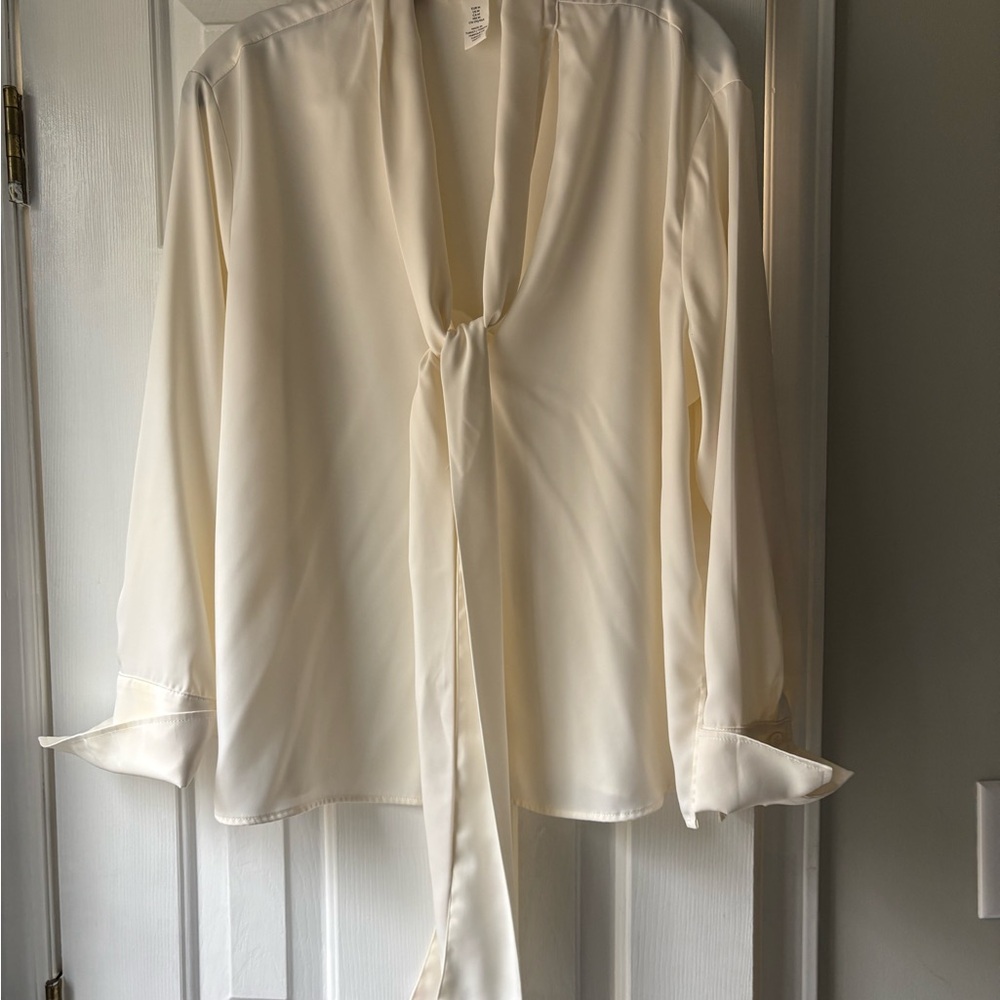 H&M Cream Tie-Front Long-Sleeve Blouse with Drape